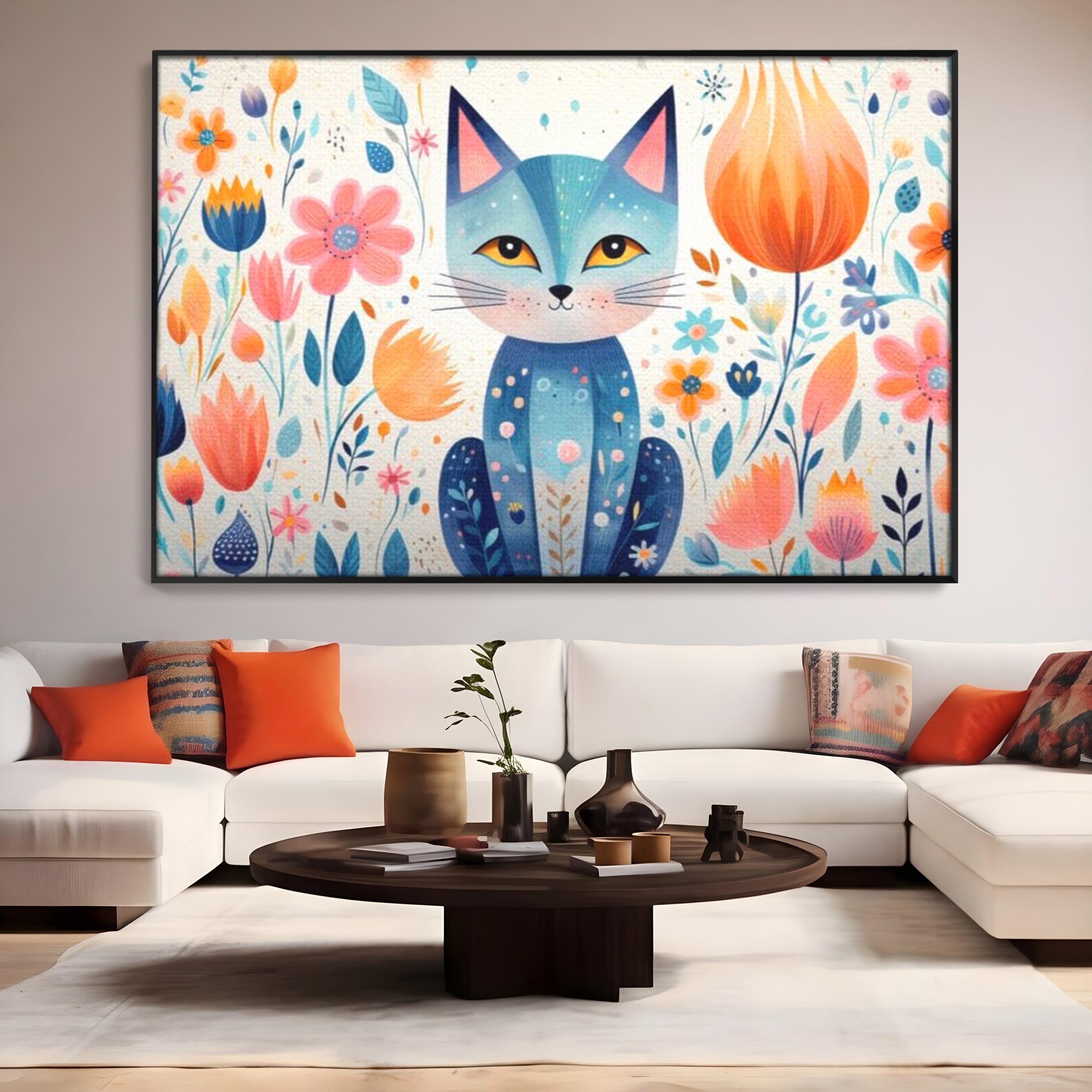 Tablou canvas cu ilustratie digitala cu pisica albastra si flori, in rama de aluminiu negru, pe perete intr-un living